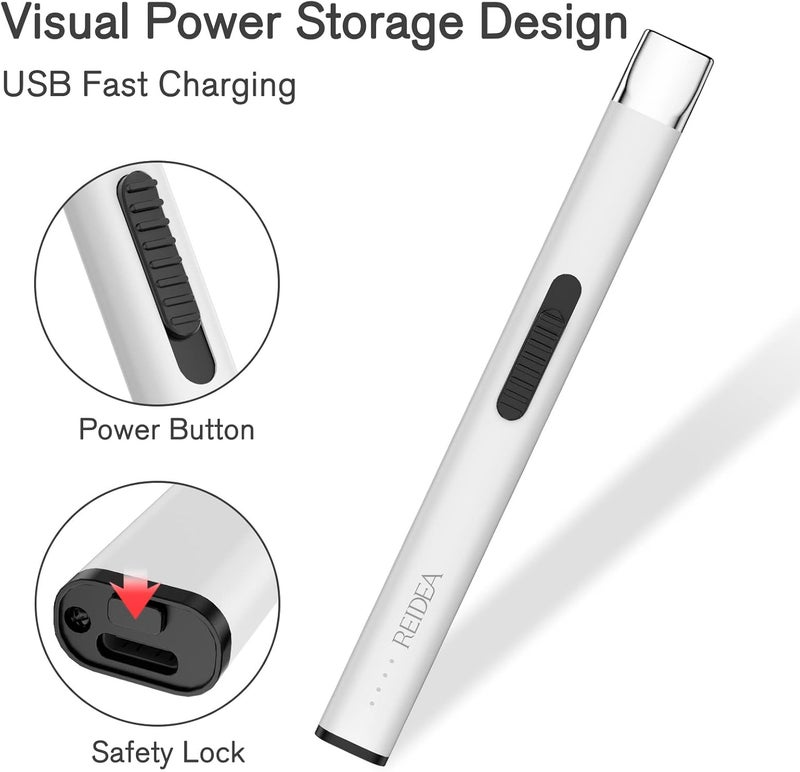 REIDEA Lighters 2 Pack R1 Flat Electronic Candle Lighter, Windproof Flameless USB Rechargeable Arc Lighter with Safe Button and Power Indicator for Candle, BBQ and Fireworks, White - Image 3